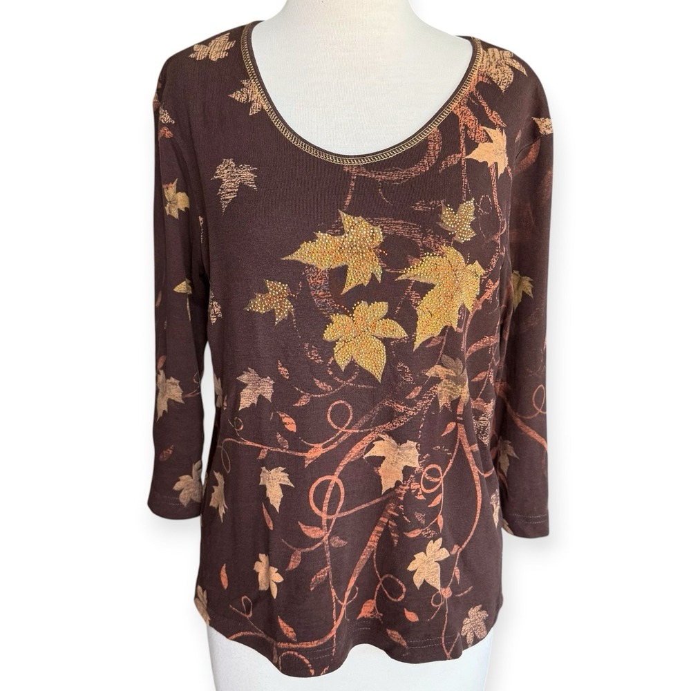 Cactus Bay Vintage 'Fall' Colored Rhinestone Leaves Thanksgiving Top Women's M